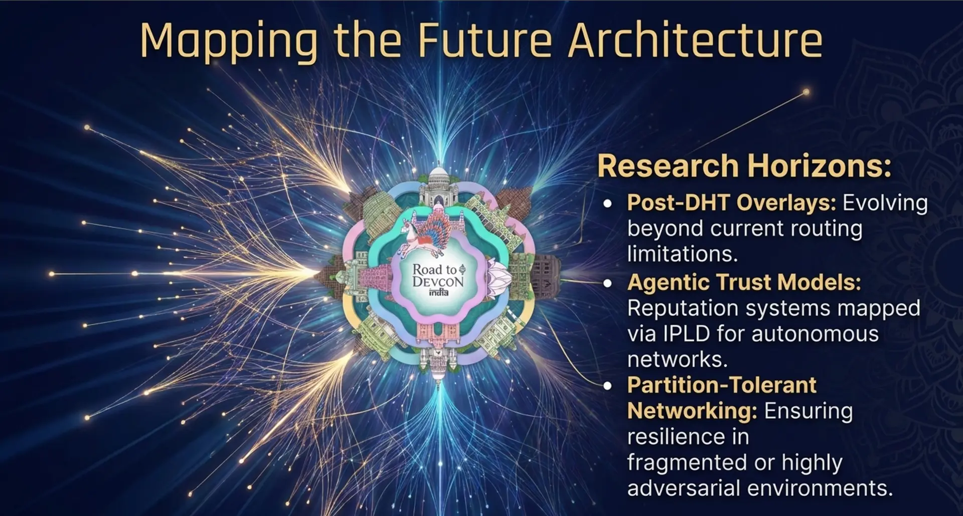 Mapping the Future Architecture — research horizons: post-DHT overlays, agentic trust models, partition-tolerant networking